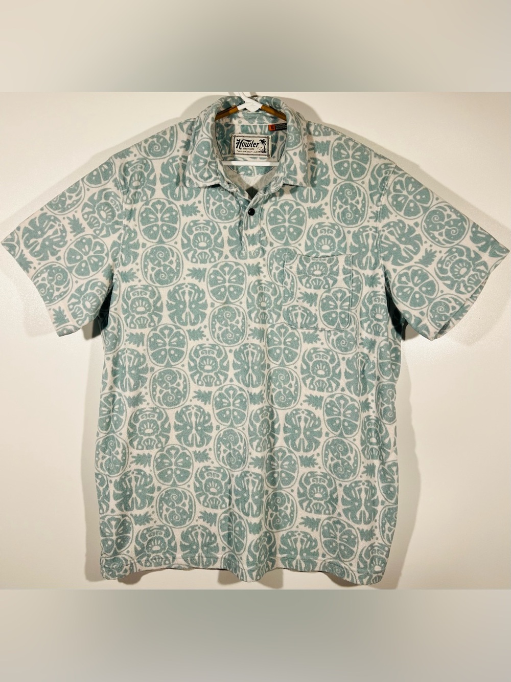 Howler Brothers Plusherman Terry Polo Shirt XL Mint Green Leafy Idols Geometric